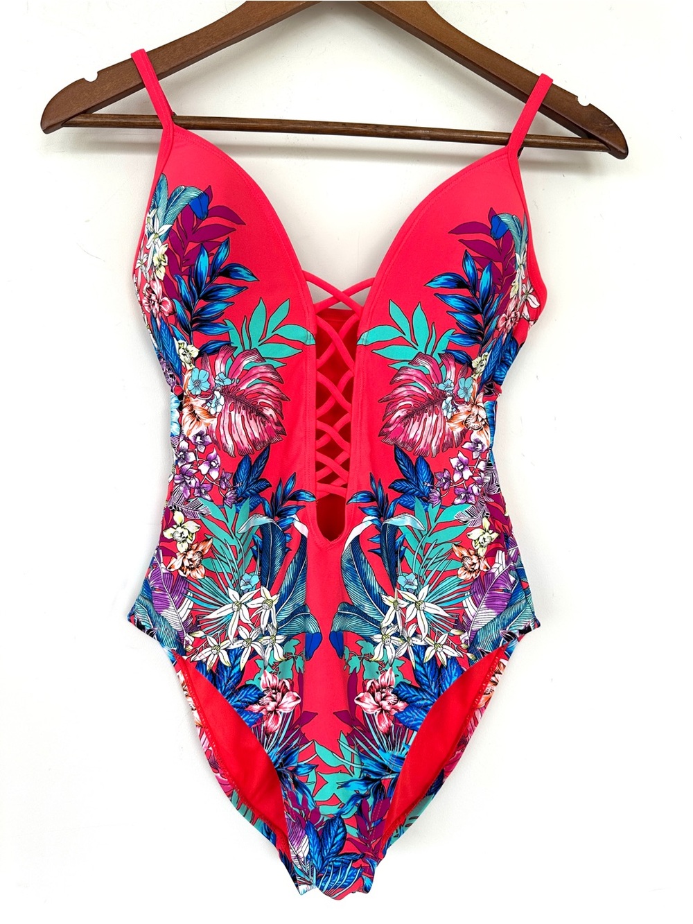 Kenneth Cole Pink & Blue Floral One-Piece Swimsuit with Lattice Front